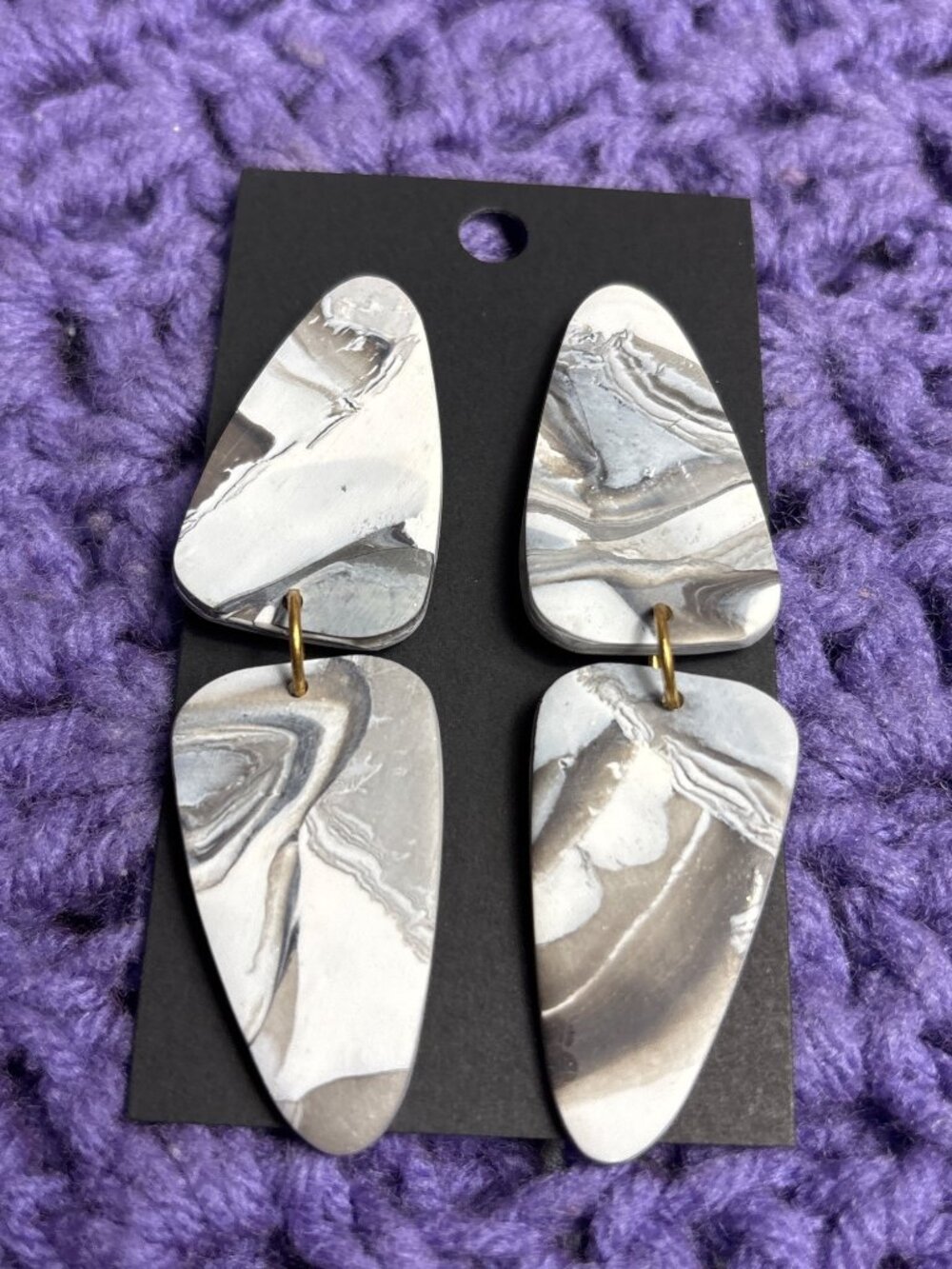 Marbled Grey White Plastic Dangle Earrings 3 inches
